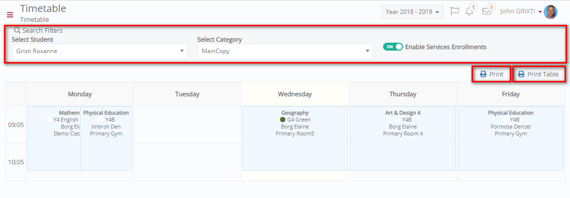 Timetable | Parent's Manual - Classter Knowledge Base