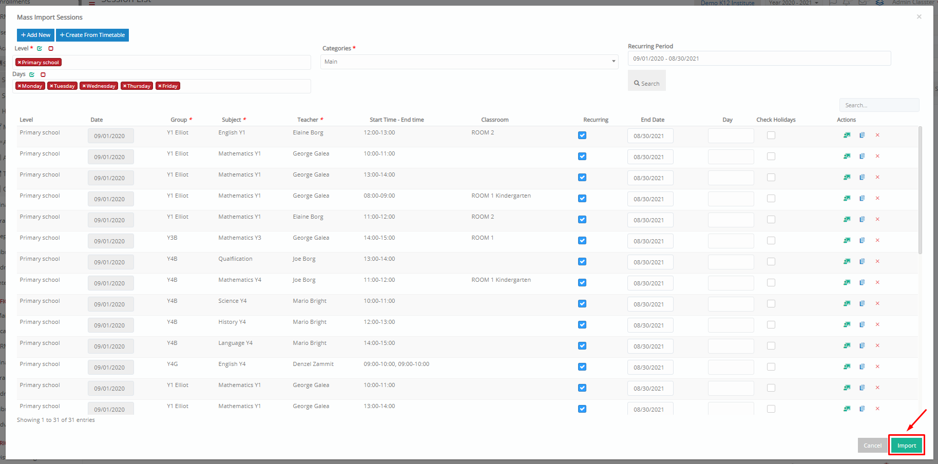 How Can I Create Sessions from the Timetable? - Classter Knowledge Base