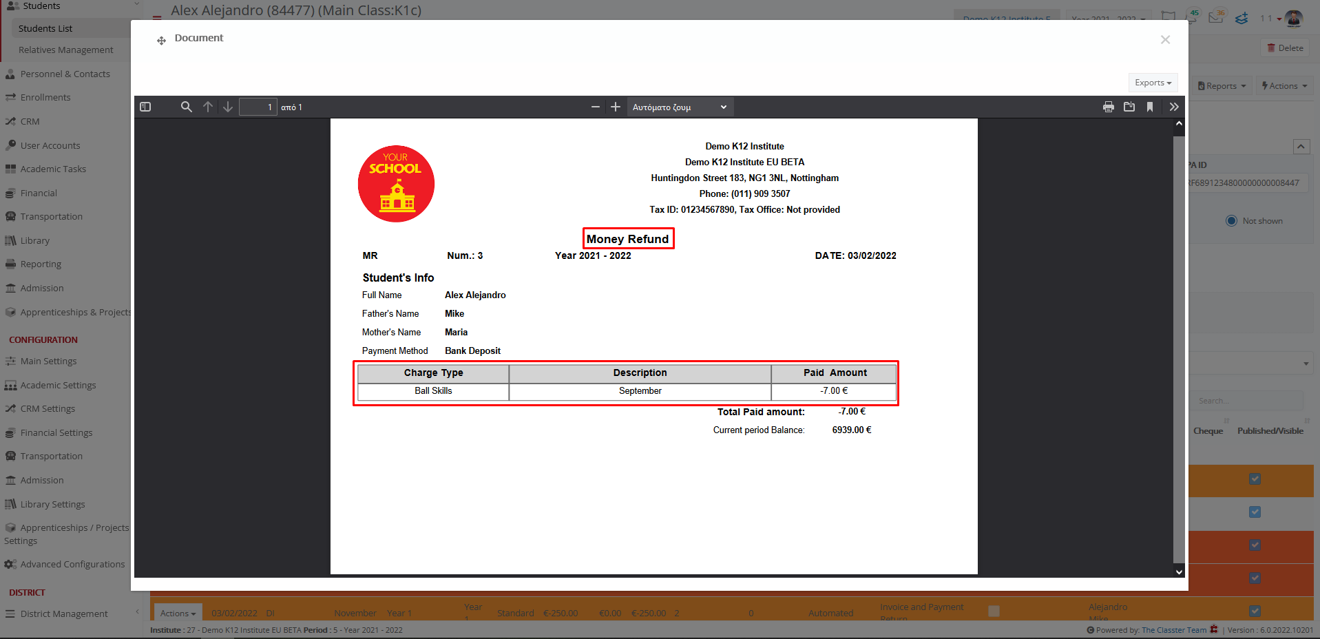 Service Payment Return (refund) report - Classter Knowledge Base